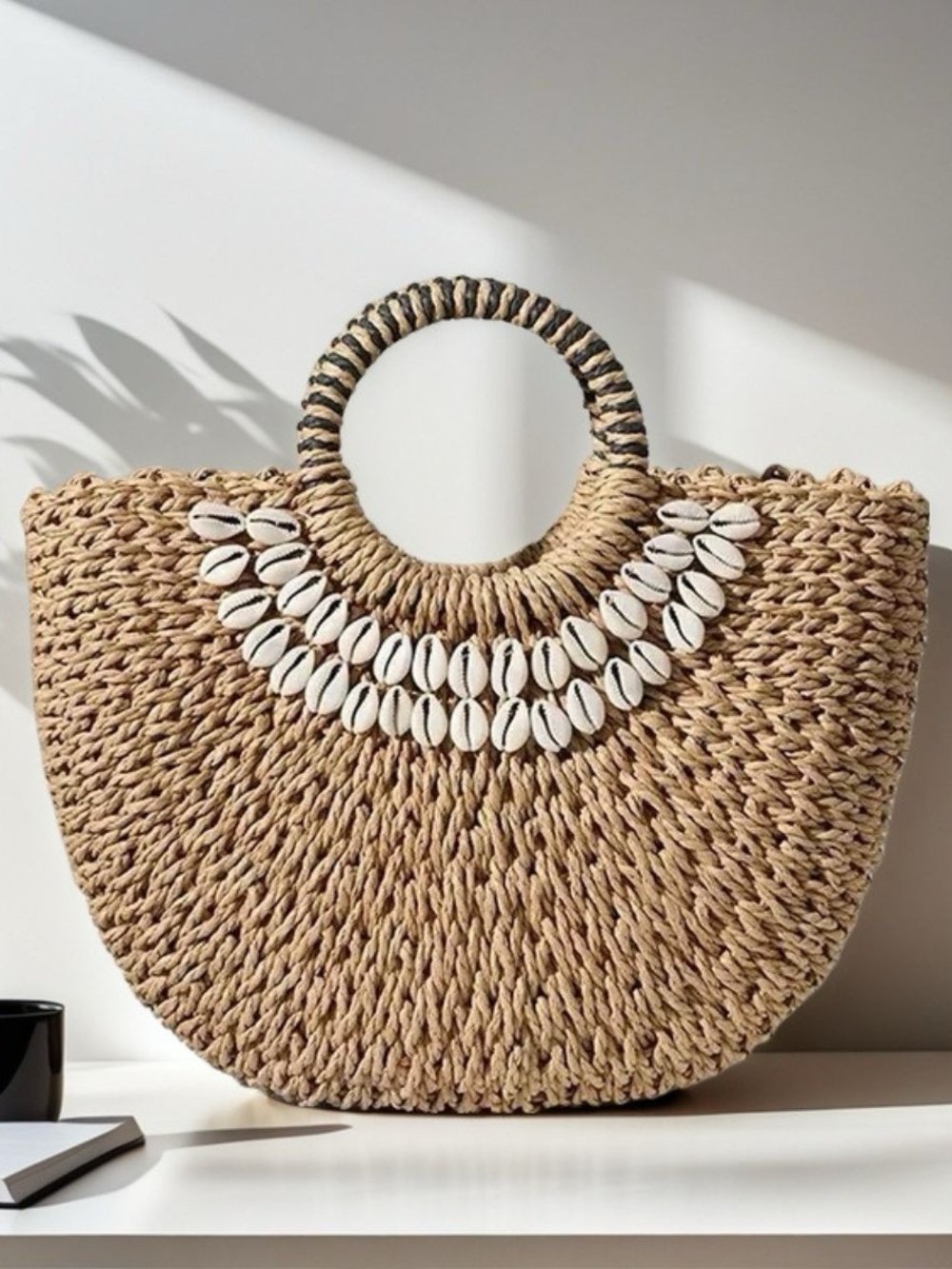 Natural Straw Tote Bag with Shell Accent